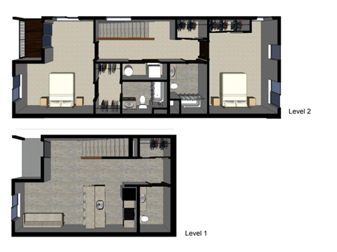 Floor plan for 2 beds, 2.5 baths, 1251 sqft